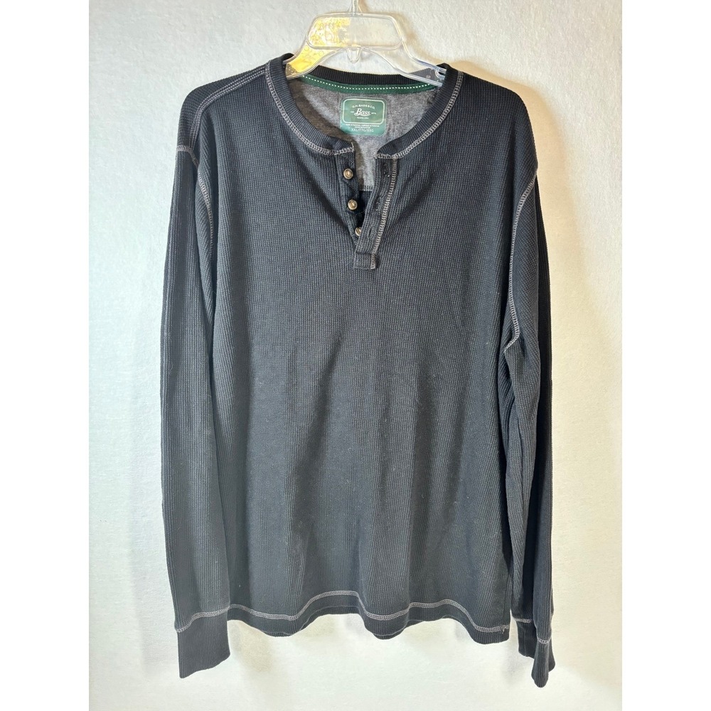 GH Bass Mens XXL Henley Shirt Long Sleeve Waffle‎ Knit Thermal Charcoal Black